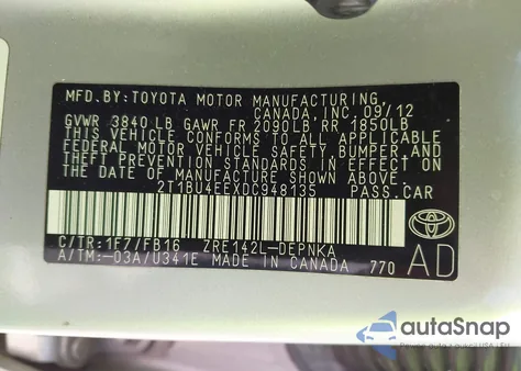 2013 Toyota Corolla Le из США, поврежденный, VIN 2T1BU4EEXDC948135